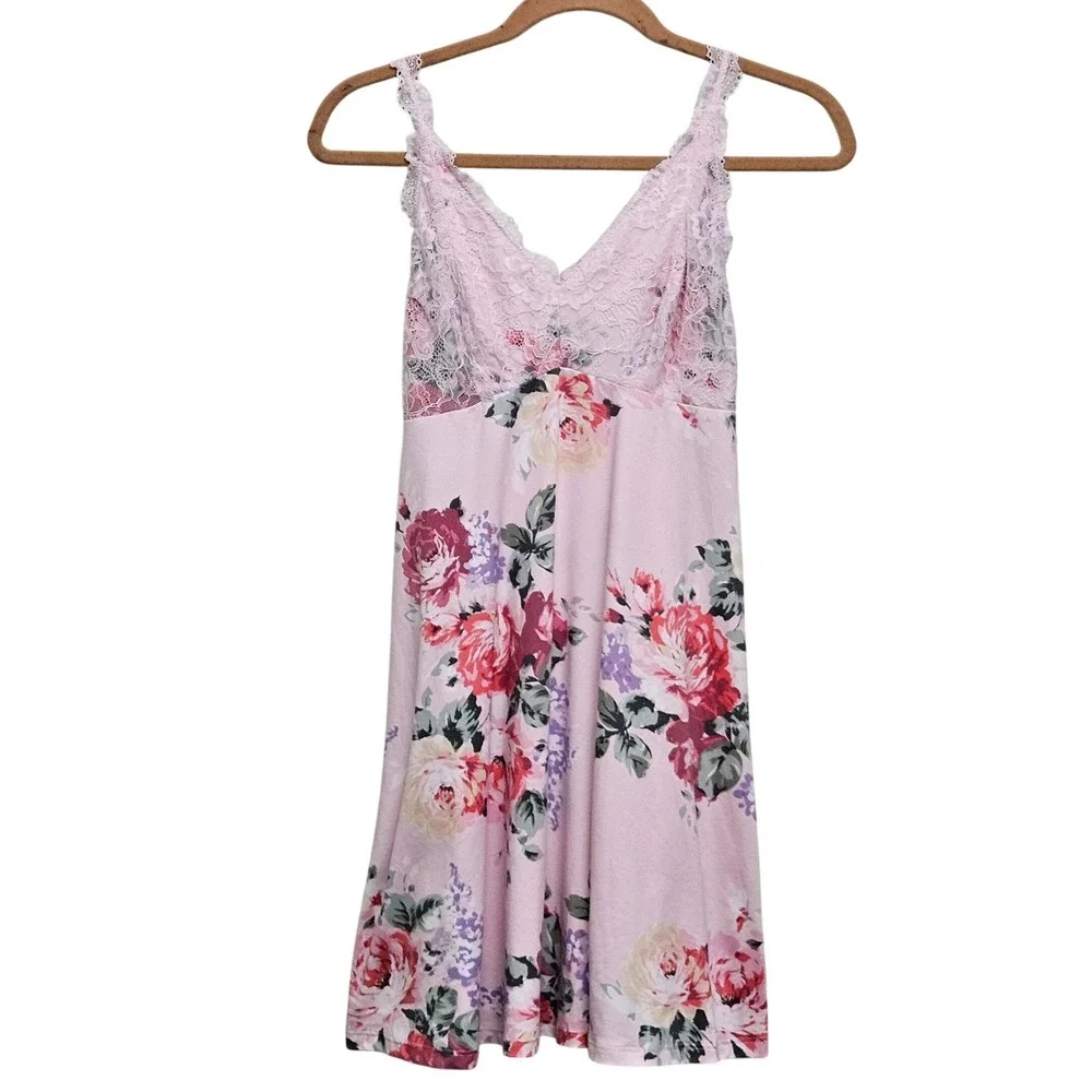 Flora Nikrooz Nightgown Womens Small Pink Floral Lace Trim Romantic Sleepwear‎